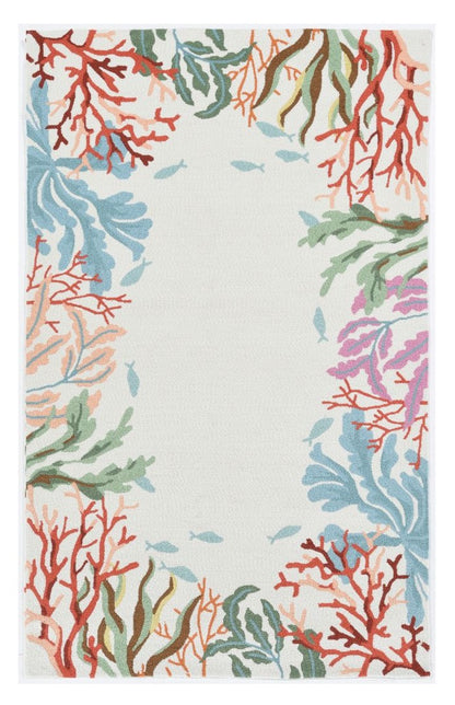 5' X 7' Ivory Red And Pink Fish and Coral Hand Tufted Area Rug