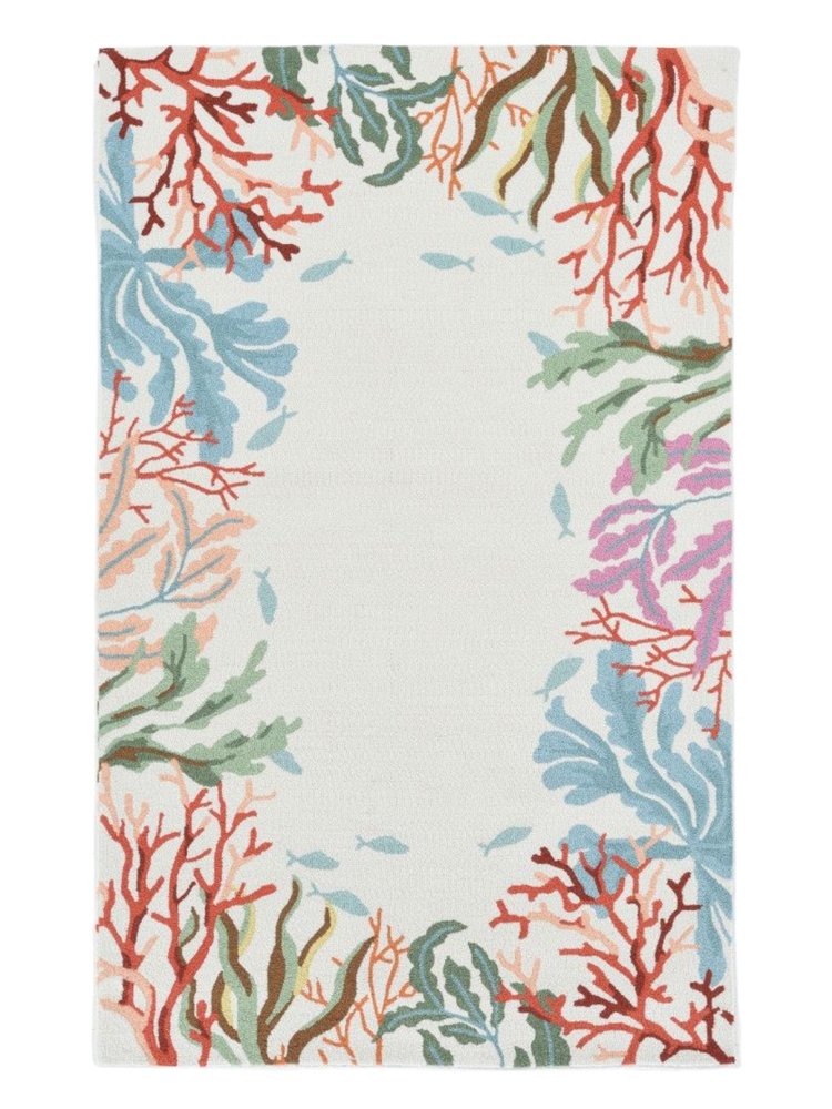 5' X 7' Ivory Red And Pink Fish and Coral Hand Tufted Area Rug