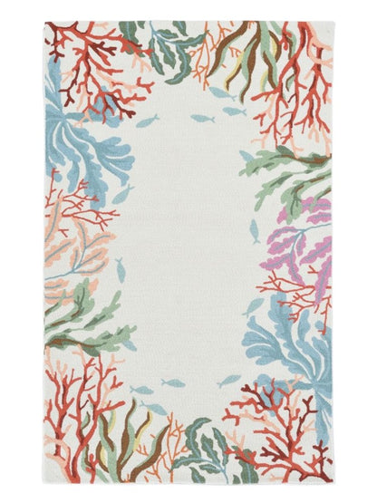 5' X 7' Ivory Red And Pink Fish and Coral Hand Tufted Area Rug