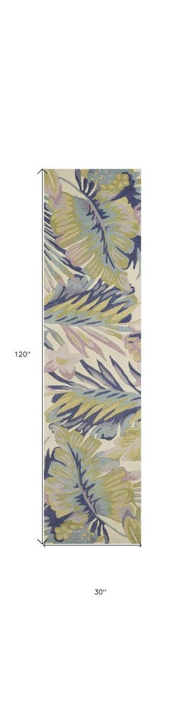 8' Green Pink And Purple Wool Tropical Botanical Hand Tufted Runner Rug