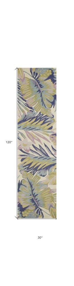 9' X 12' Green Pink And Purple Wool Tropical Botanical Hand Tufted Area Rug