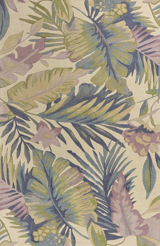 5' X 8' Green Pink And Purple Wool Tropical Botanical Hand Tufted Area Rug