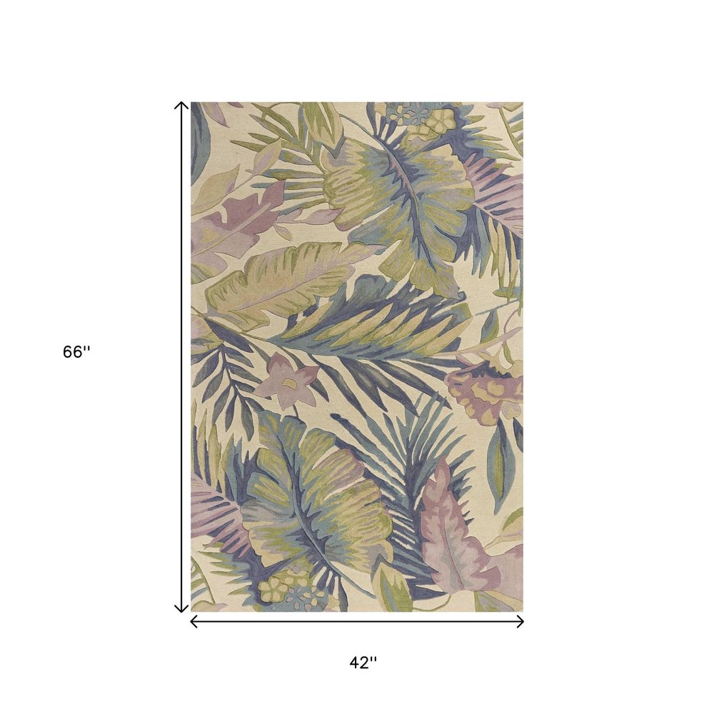 9' X 12' Green Pink And Purple Wool Tropical Botanical Hand Tufted Area Rug