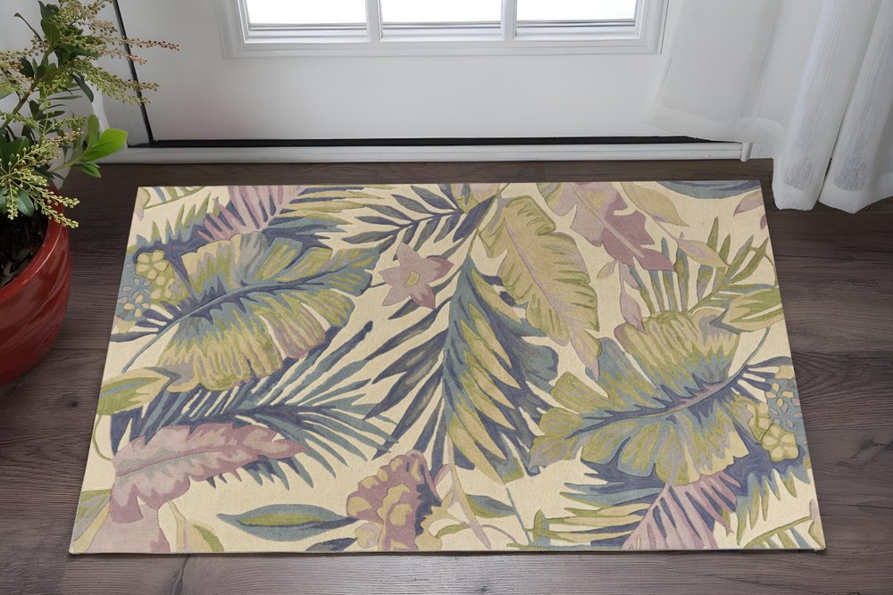 9' X 12' Green Pink And Purple Wool Tropical Botanical Hand Tufted Area Rug