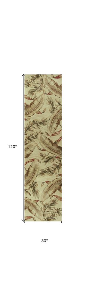4' X 6' Brown Green And Red Wool Tropical Botanical Hand Tufted Area Rug
