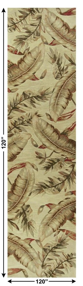 10' Brown Green And Red Wool Tropical Botanical Hand Tufted Runner Rug