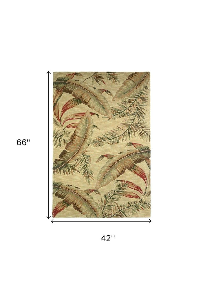 4' X 6' Brown Green And Red Wool Tropical Botanical Hand Tufted Area Rug