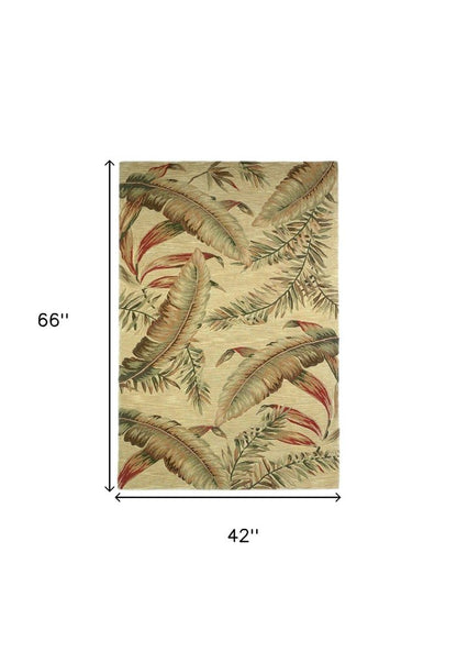 4' X 6' Brown Green And Red Wool Tropical Botanical Hand Tufted Area Rug