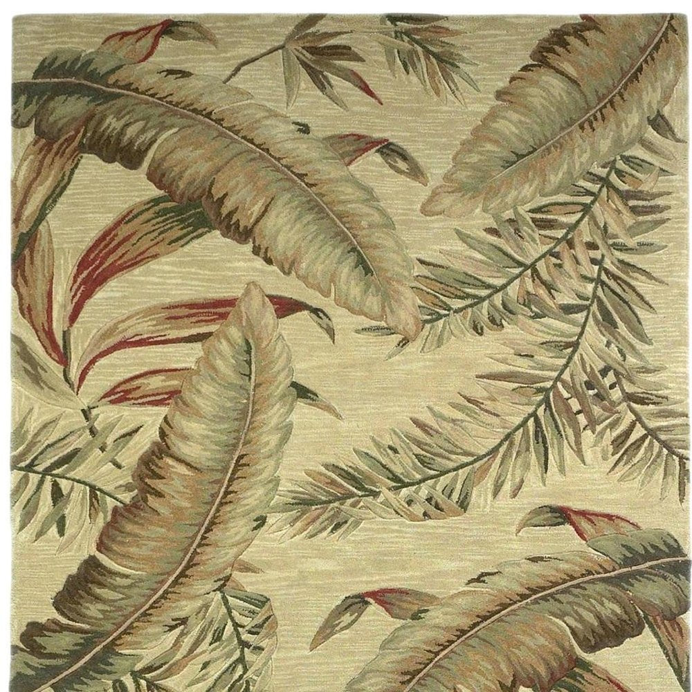 4' X 6' Brown Green And Red Wool Tropical Botanical Hand Tufted Area Rug