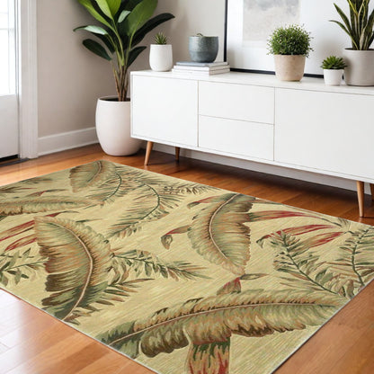 4' X 6' Brown Green And Red Wool Tropical Botanical Hand Tufted Area Rug