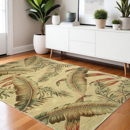 4' X 6' Brown Green And Red Wool Tropical Botanical Hand Tufted Area Rug