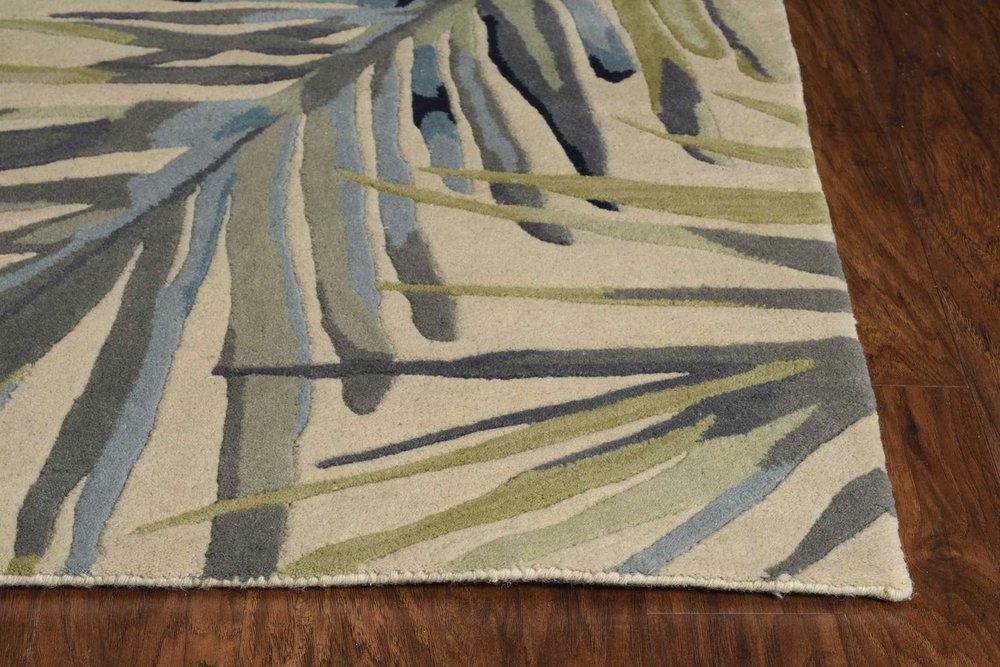5' X 8' Ivory Blue And Green Wool Tropical Botanical Hand Tufted Area Rug