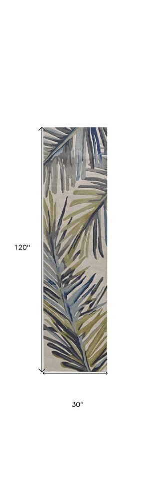 5' X 8' Ivory Blue And Green Wool Tropical Botanical Hand Tufted Area Rug
