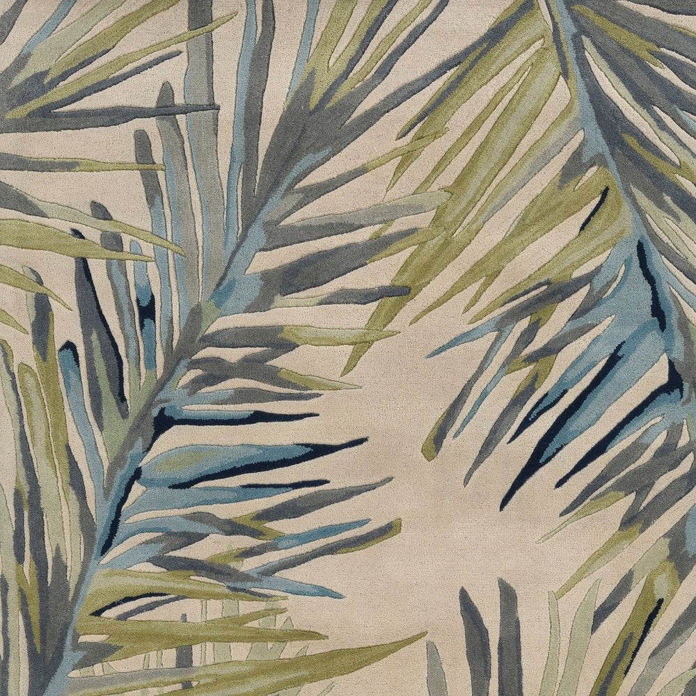 5' X 8' Ivory Blue And Green Wool Tropical Botanical Hand Tufted Area Rug