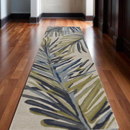 4' X 6' Ivory Blue And Green Wool Tropical Botanical Hand Tufted Area Rug