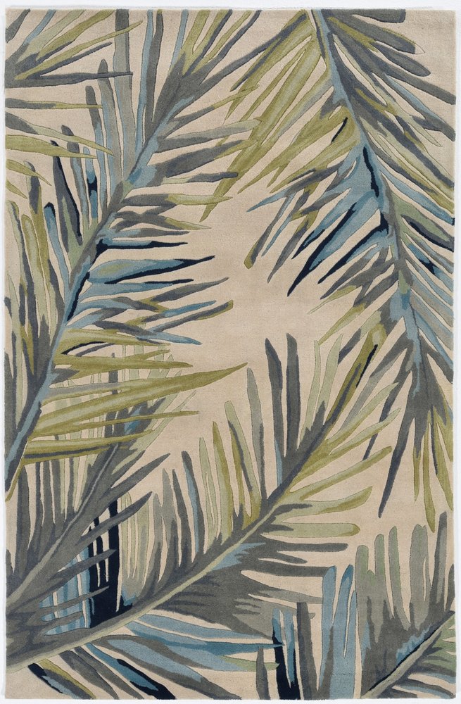 8' X 10' Ivory Blue And Green Wool Tropical Botanical Hand Tufted Area Rug
