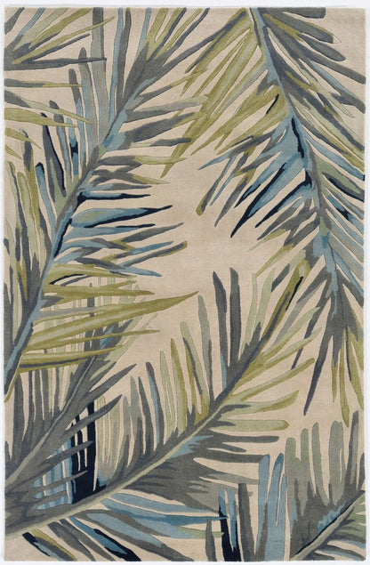 5' X 8' Ivory Blue And Green Wool Tropical Botanical Hand Tufted Area Rug