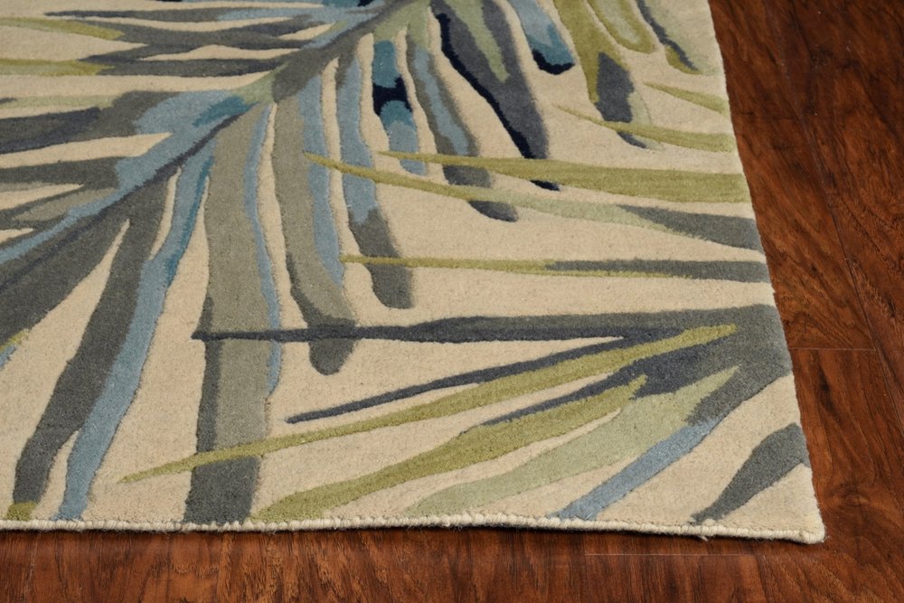 5' X 8' Ivory Blue And Green Wool Tropical Botanical Hand Tufted Area Rug