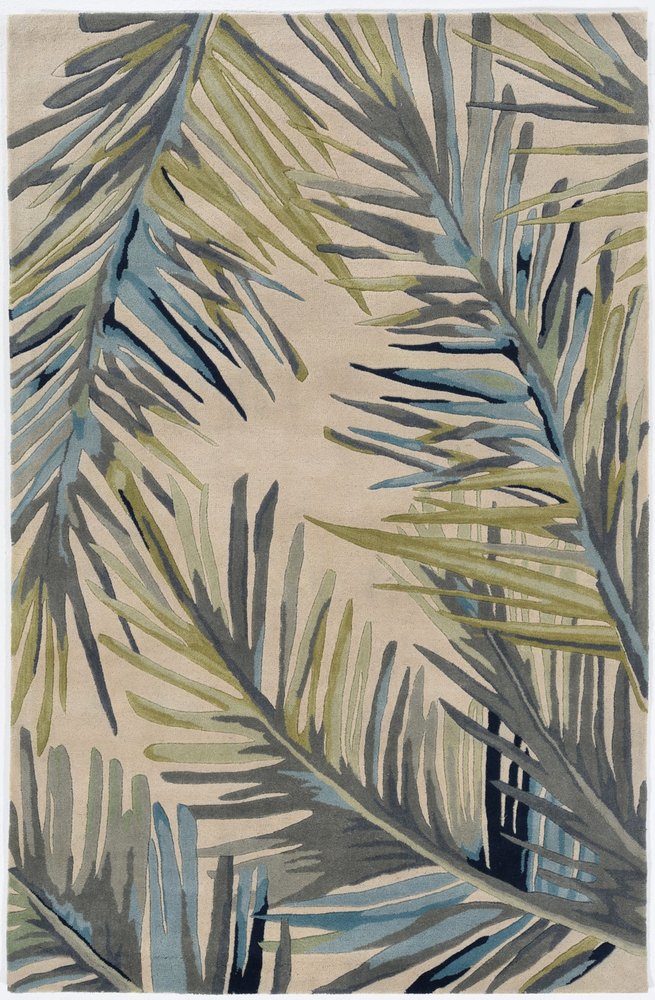 5' X 8' Ivory Blue And Green Wool Tropical Botanical Hand Tufted Area Rug