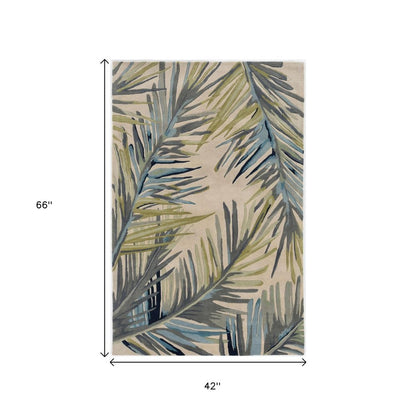 5' X 8' Ivory Blue And Green Wool Tropical Botanical Hand Tufted Area Rug