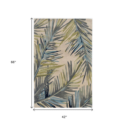 5' X 8' Ivory Blue And Green Wool Tropical Botanical Hand Tufted Area Rug