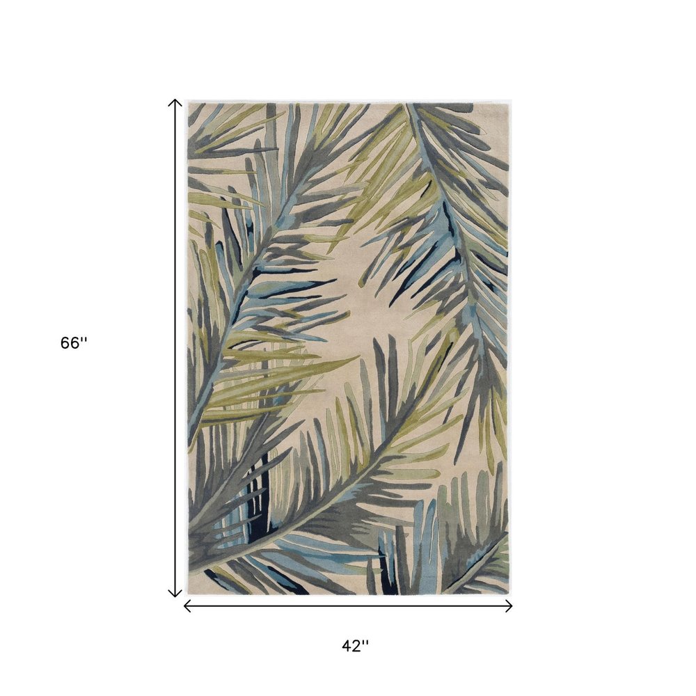 4' X 6' Ivory Blue And Green Wool Tropical Botanical Hand Tufted Area Rug