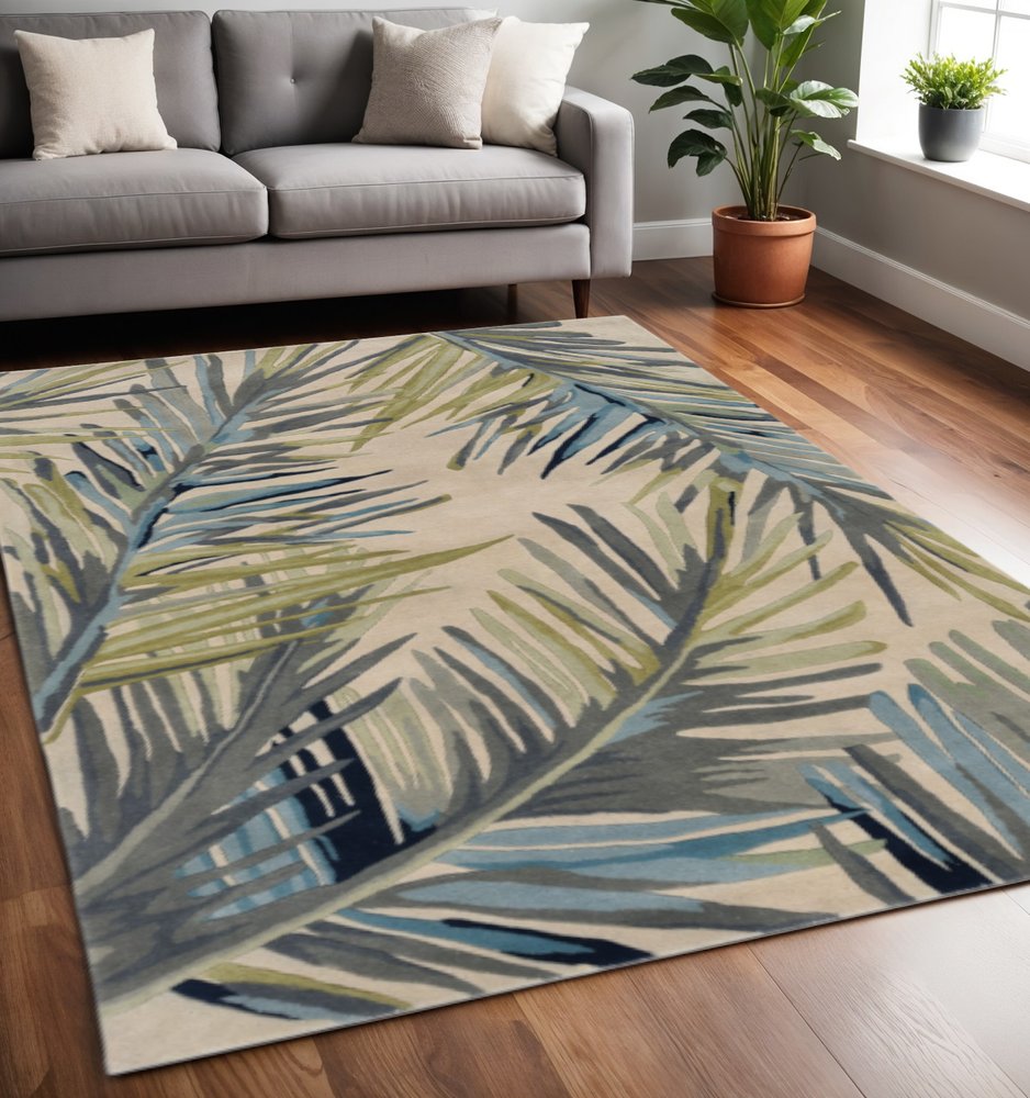 5' X 8' Ivory Blue And Green Wool Tropical Botanical Hand Tufted Area Rug