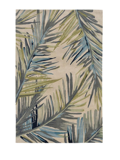 5' X 8' Ivory Blue And Green Wool Tropical Botanical Hand Tufted Area Rug