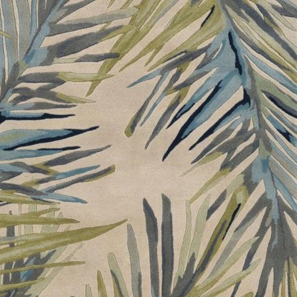 5' X 8' Ivory Blue And Green Wool Tropical Botanical Hand Tufted Area Rug