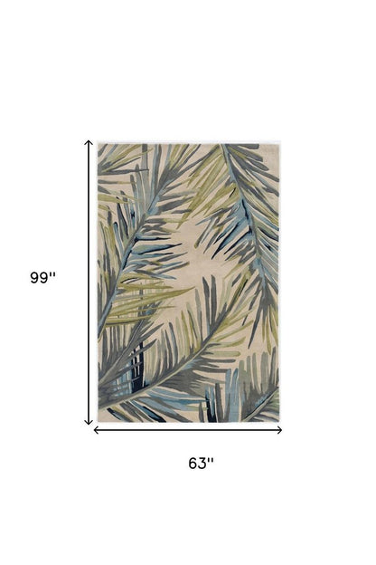 5' X 8' Ivory Blue And Green Wool Tropical Botanical Hand Tufted Area Rug