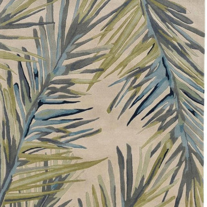 5' X 8' Ivory Blue And Green Wool Tropical Botanical Hand Tufted Area Rug