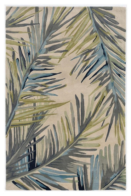 5' X 8' Ivory Blue And Green Wool Tropical Botanical Hand Tufted Area Rug
