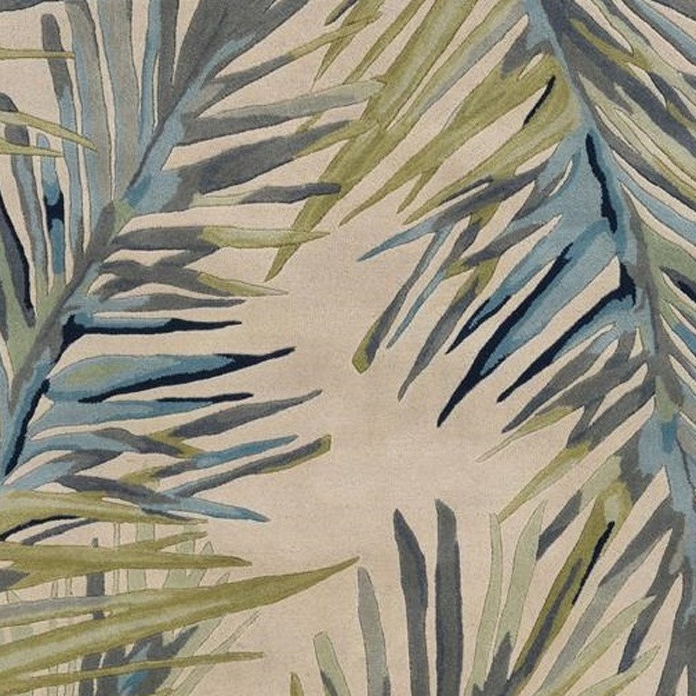 5' X 8' Ivory Blue And Green Wool Tropical Botanical Hand Tufted Area Rug