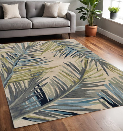 5' X 8' Ivory Blue And Green Wool Tropical Botanical Hand Tufted Area Rug