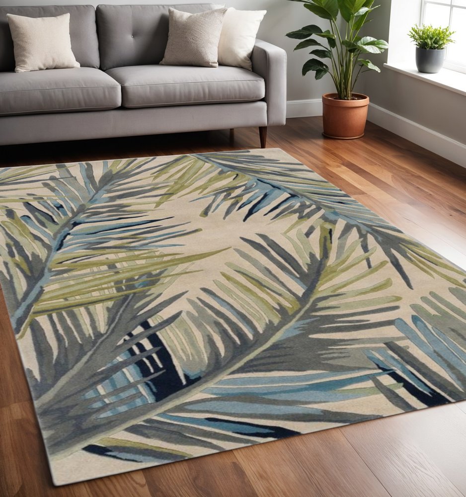 5' X 8' Ivory Blue And Green Wool Tropical Botanical Hand Tufted Area Rug