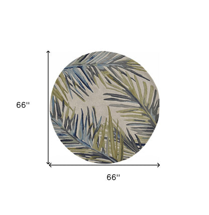 5' X 8' Ivory Blue And Green Wool Tropical Botanical Hand Tufted Area Rug