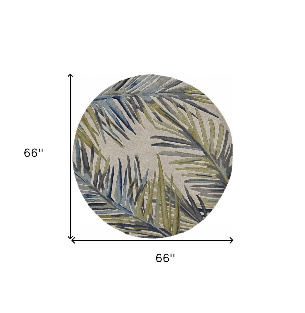 5' X 8' Ivory Blue And Green Wool Tropical Botanical Hand Tufted Area Rug