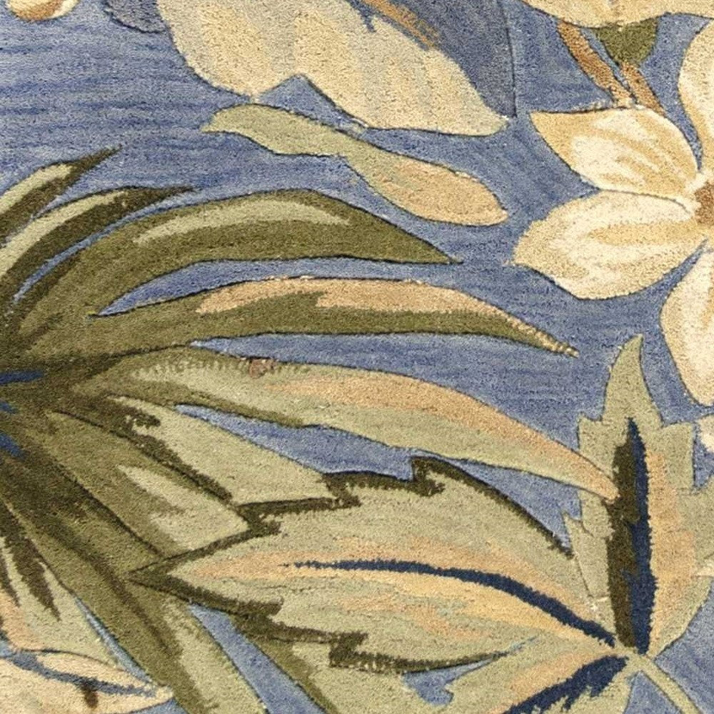 6' Blue Beige And Green Wool Tropical Botanical Hand Tufted Round Rug
