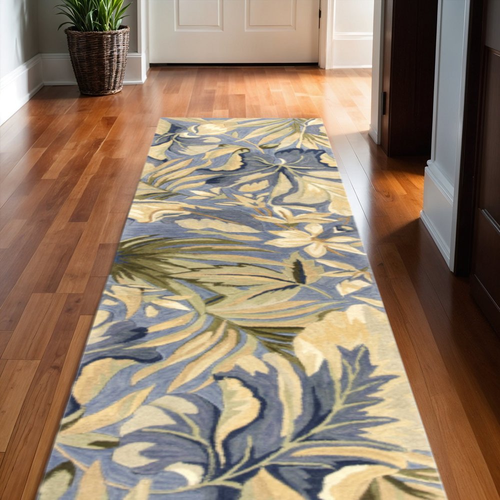 10' Blue Beige And Green Wool Tropical Botanical Hand Tufted Runner Rug