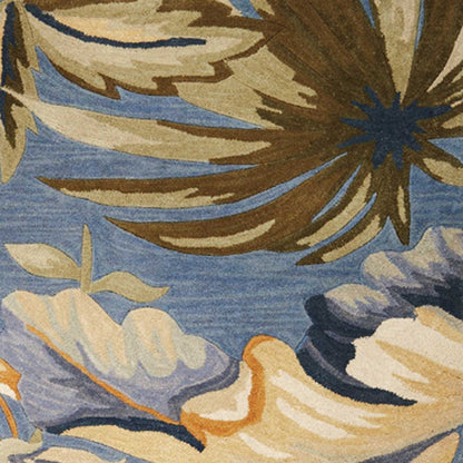 6' Blue Beige And Green Wool Tropical Botanical Hand Tufted Round Rug