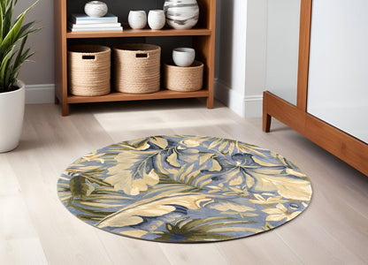 6' Blue Beige And Green Wool Tropical Botanical Hand Tufted Round Rug