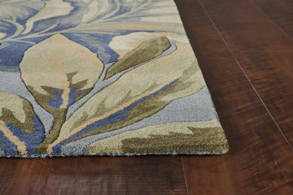 6' Blue Beige And Green Wool Tropical Botanical Hand Tufted Round Rug