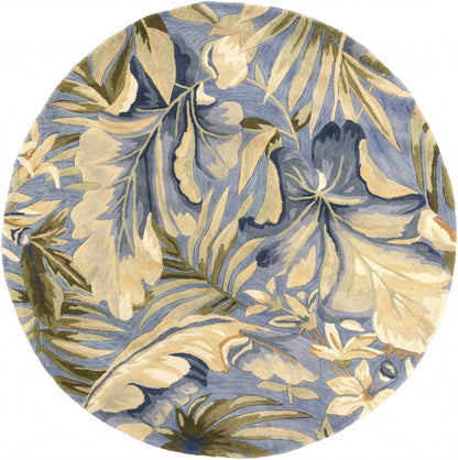 8' Blue Beige And Green Wool Tropical Botanical Hand Tufted Round Rug