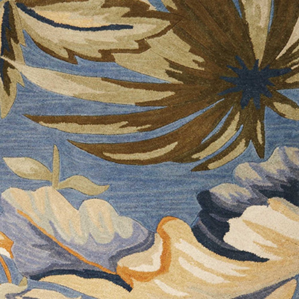 6' Blue Beige And Green Wool Tropical Botanical Hand Tufted Round Rug