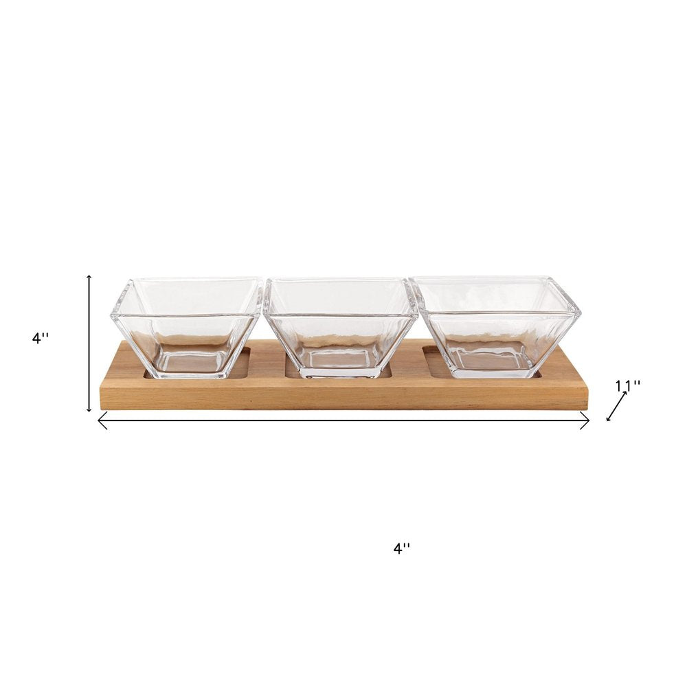 Four Piece Clear And Natural Crystal And Solid Wood Condiment Server