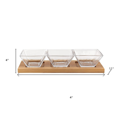 Four Piece Clear And Natural Crystal And Solid Wood Condiment Server