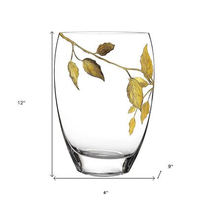 12" Clear And Gold Leaves Oval Crystal Glass Table Vase