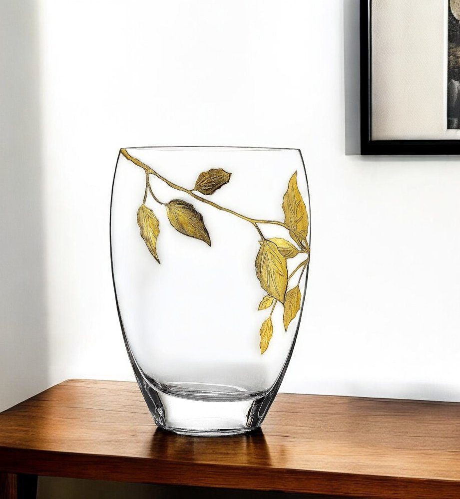 12" Clear And Gold Leaves Oval Crystal Glass Table Vase