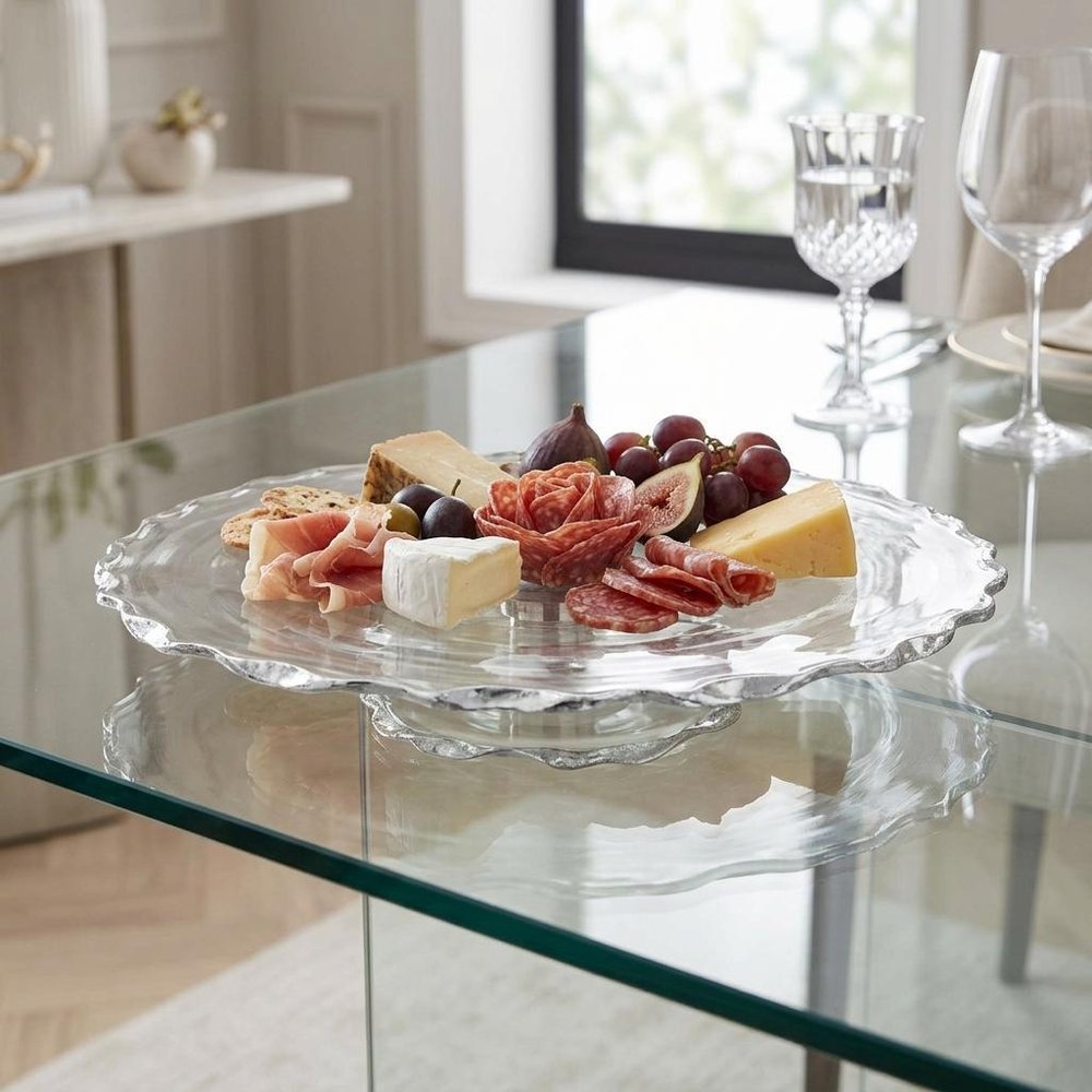 13" Clear And Silver Round Glass Hand Finished Lazy Susan