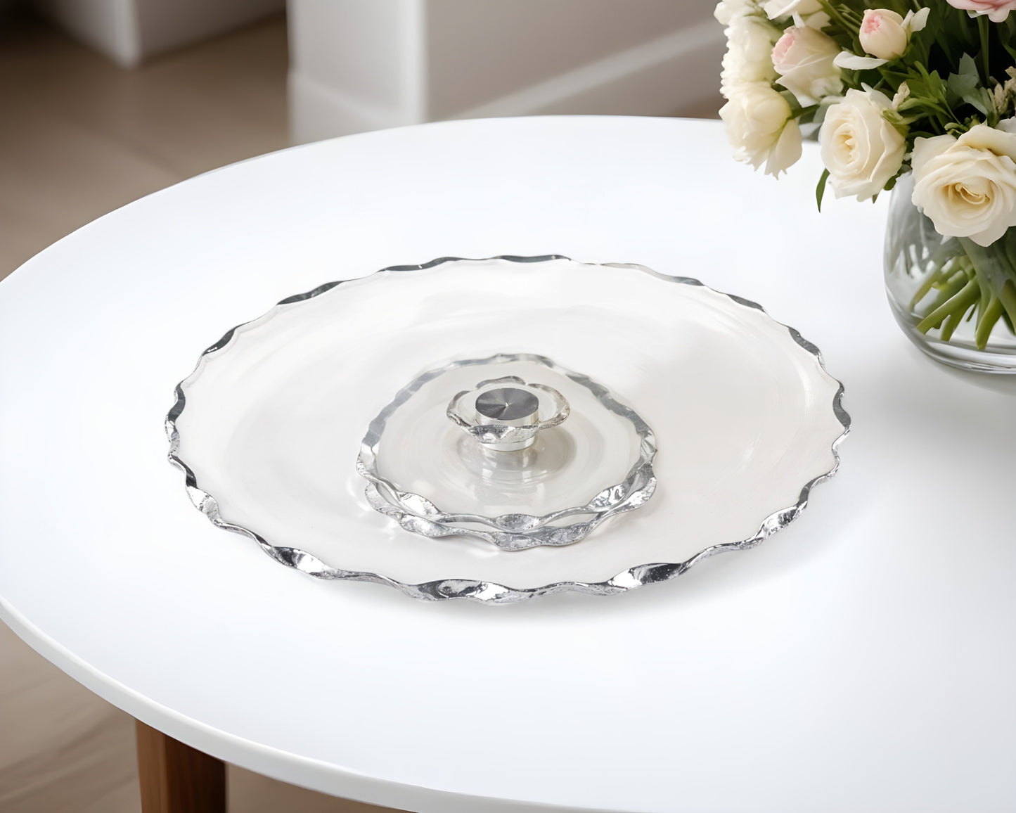 13" Clear and Silver Round Glass Hand Finished Lazy Susan